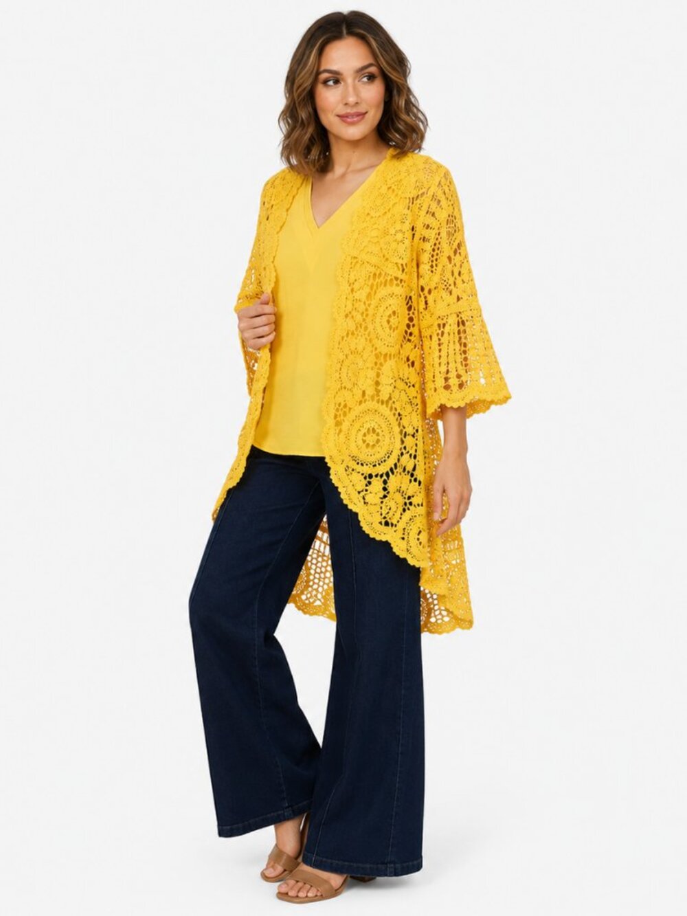 Nina Leonard Yellow Crochet Bell Sleeve High Low Cardigan NWOT